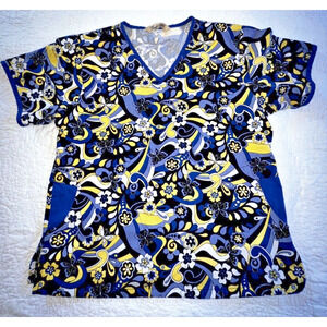 Comfy Cotton V Neck Scrub Top 2 Pockets Blue Yellow Floral Women's S Nursing Vet